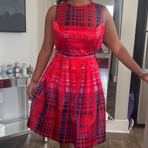 Eva Mendes for New York & Company Red and Black Plaid Midi Dress